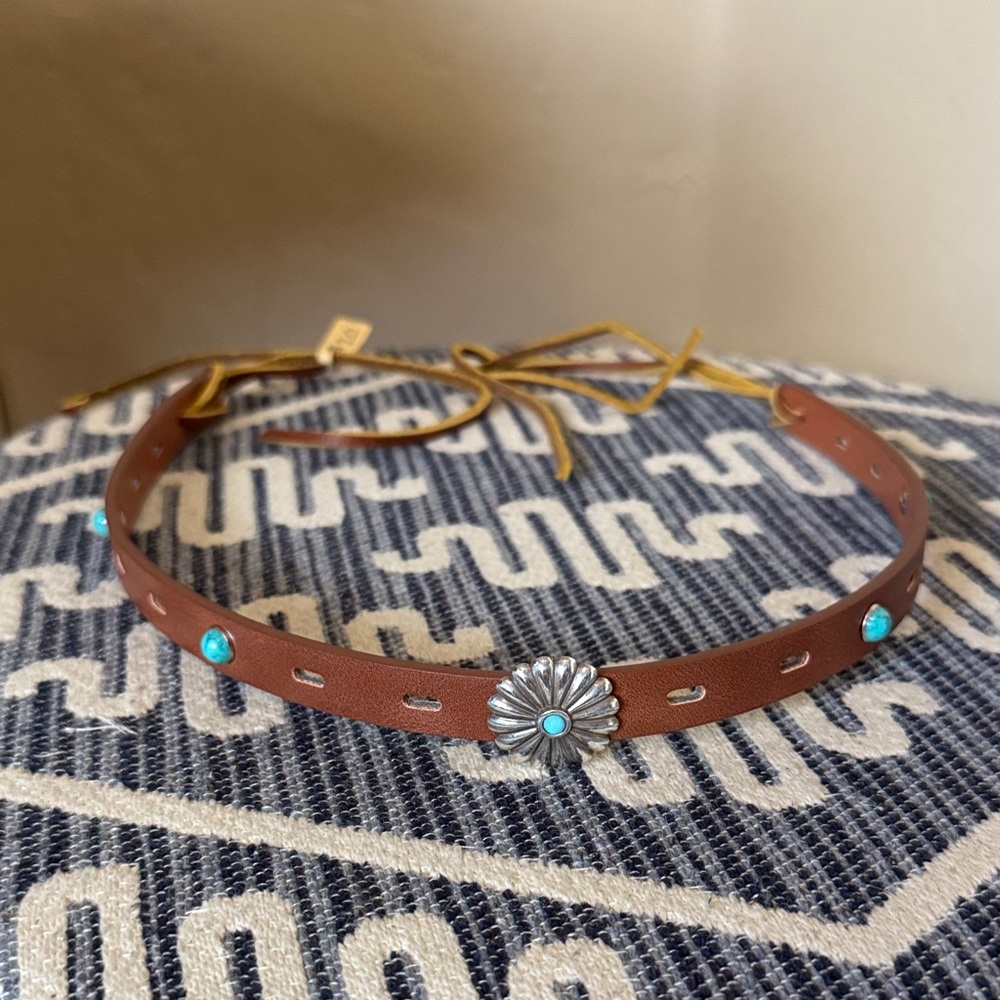 New Handmade Brown Leather Hatband with Turquoise and Silver Accents